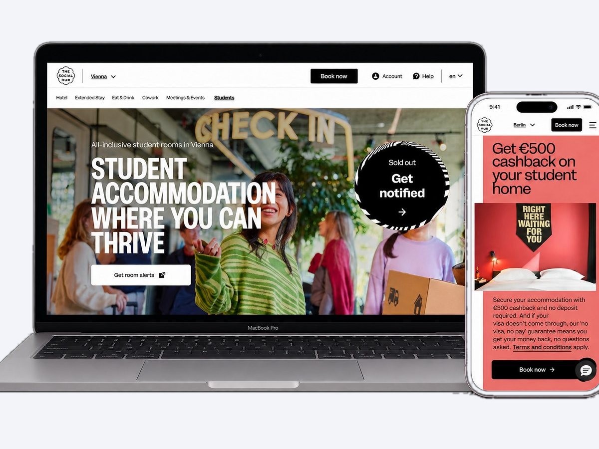 The Social Hub booking site on laptop and phone